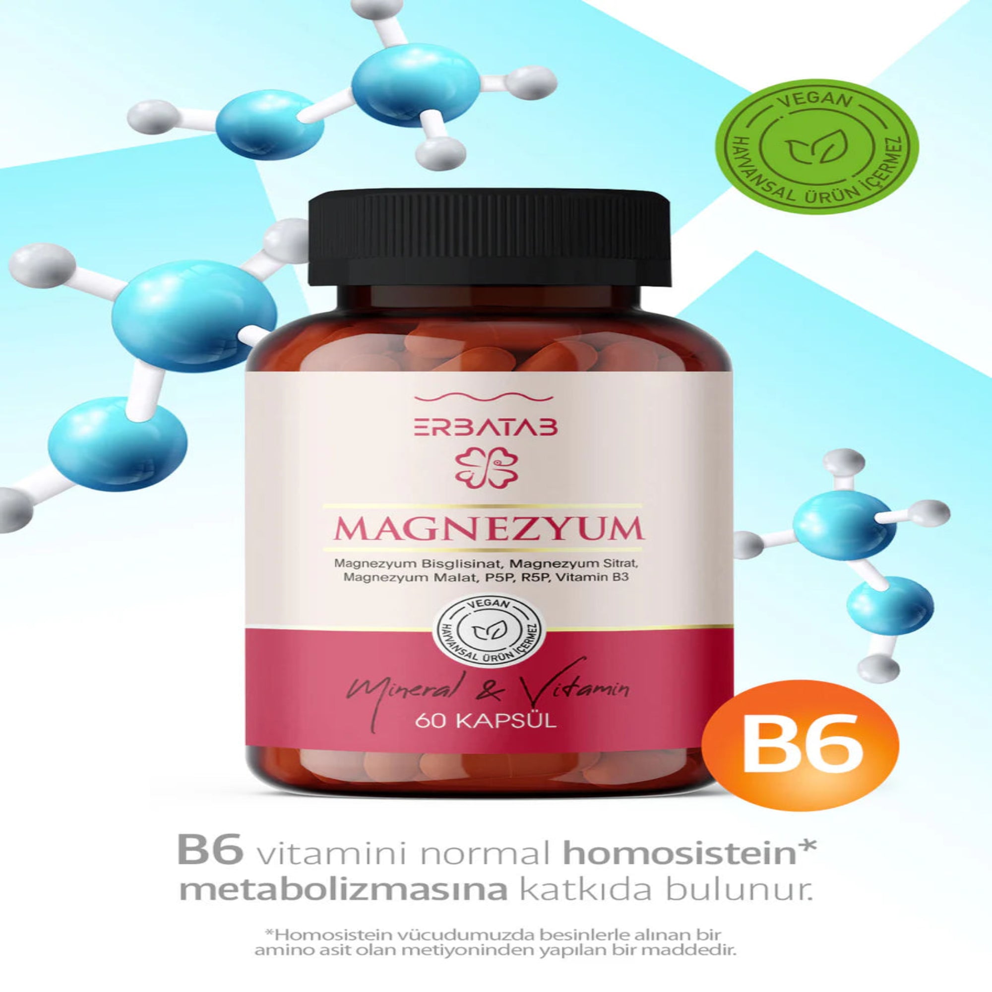 Erbatab Magnezyum 3 lü Form (Bisglisinat, Sitrat, Malat) & Vitamin B2 , B3 , B6 - 60 Kapsül-24 ADET