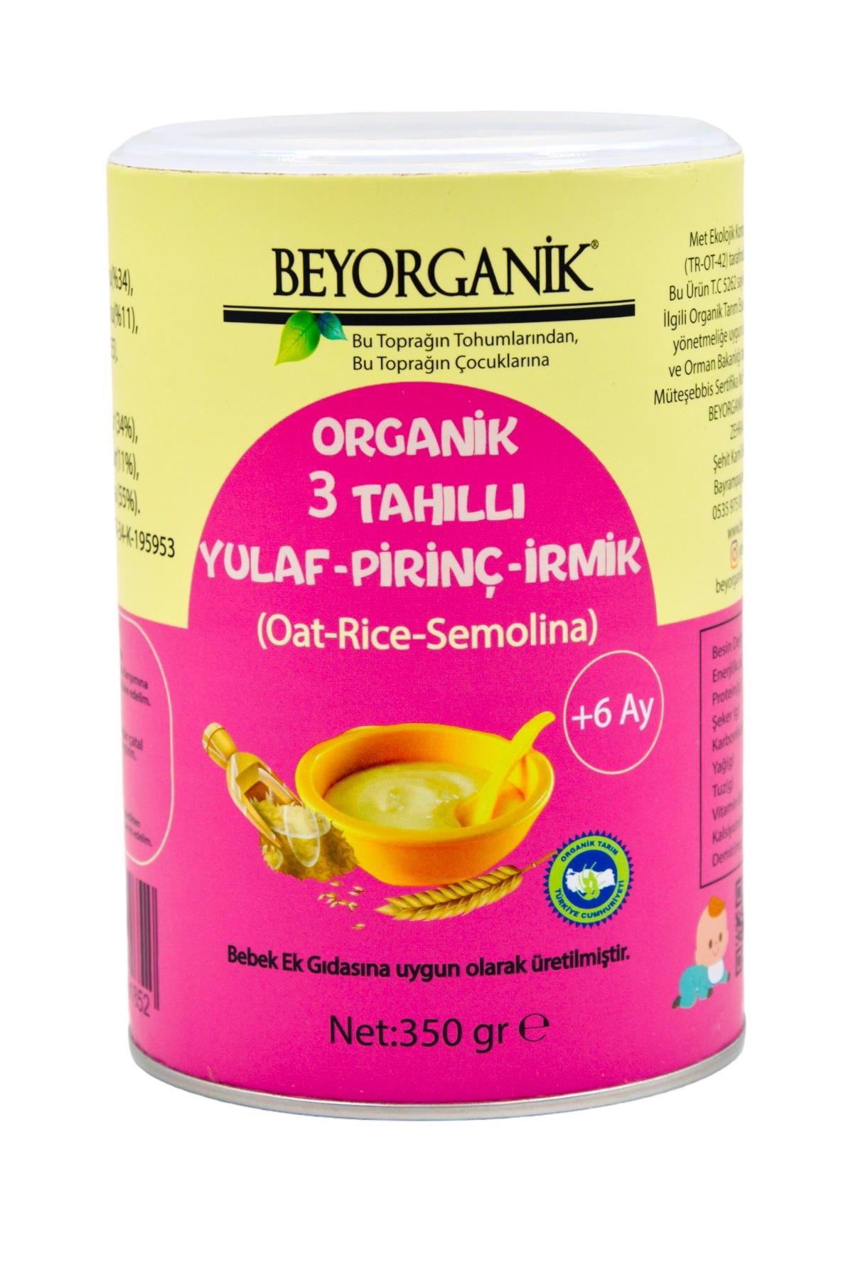 BEYORGANİK-Bebek Ek Gıdası Organik 3 Tahıllı Yulaf Pirinç İrmik 350gr +6ay   (PESTİSİT VE AFLATOKSİN ANALİZLİ)-12 Adet