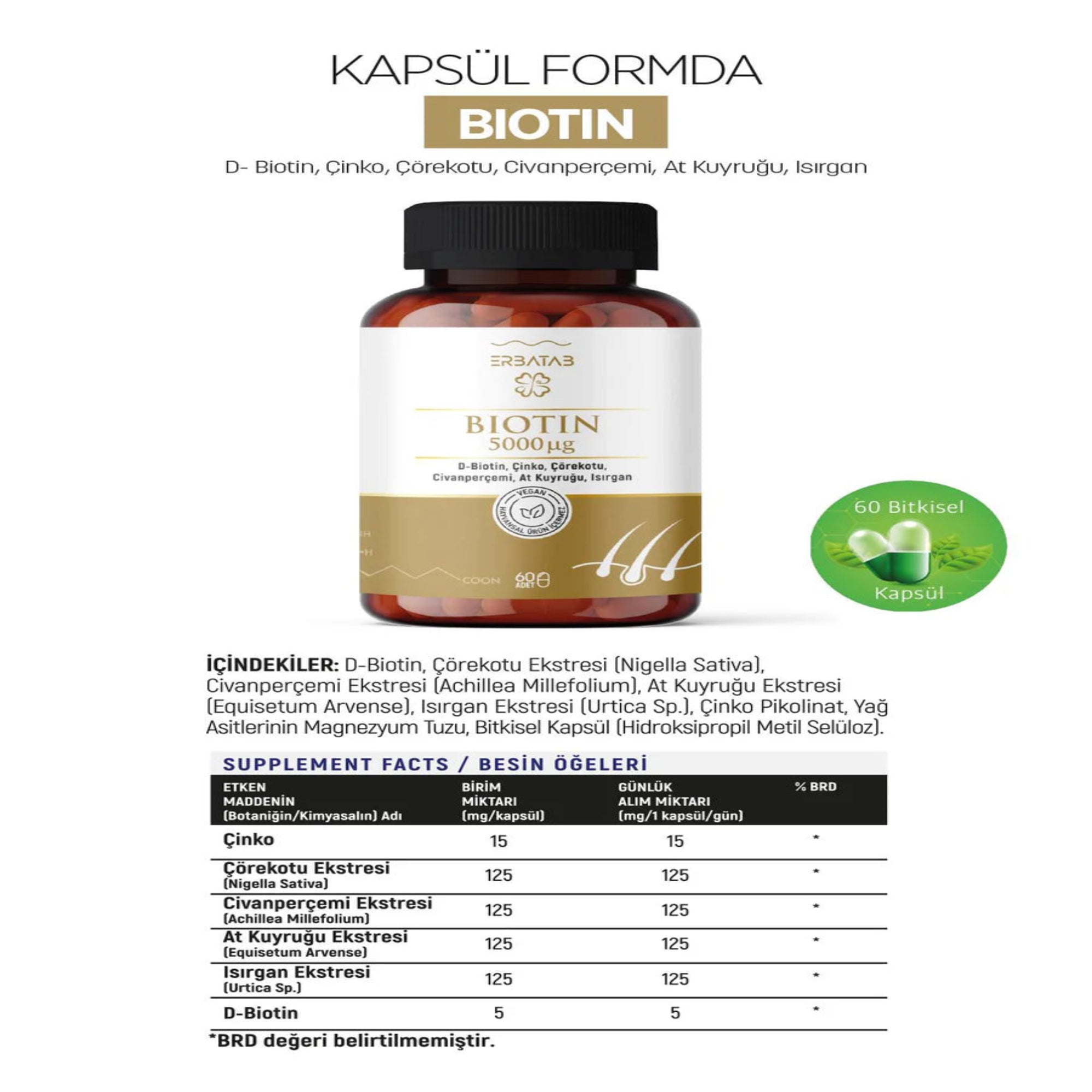 Erbatab Biotin (Çinko Çörekotu Civan Perçemi At Kuyruğu Isırgan Ekstresi) 60 Kapsül- 24 ADET