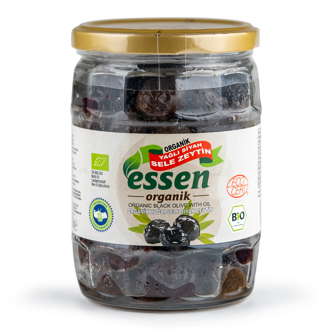 ESSEN - Organik Yağlı Sele Süper Siyah Zeytin İri Boy 580 cc / 350 gr - 12 Adet
