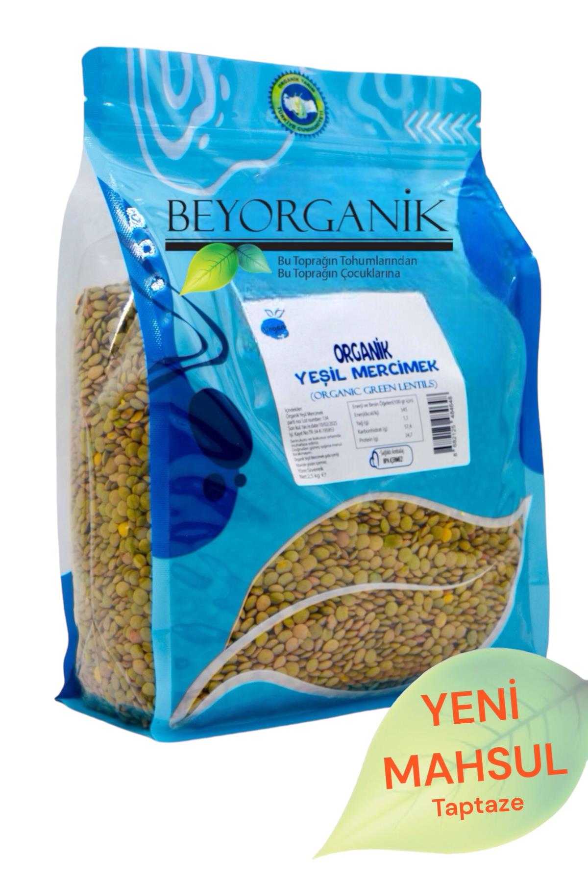 BEYORGANİK-Organik Yeşil Mercimek 2,5kg     (PESTİSİT VE AFLATOKSİN ANALİZLİ)-12 Adet